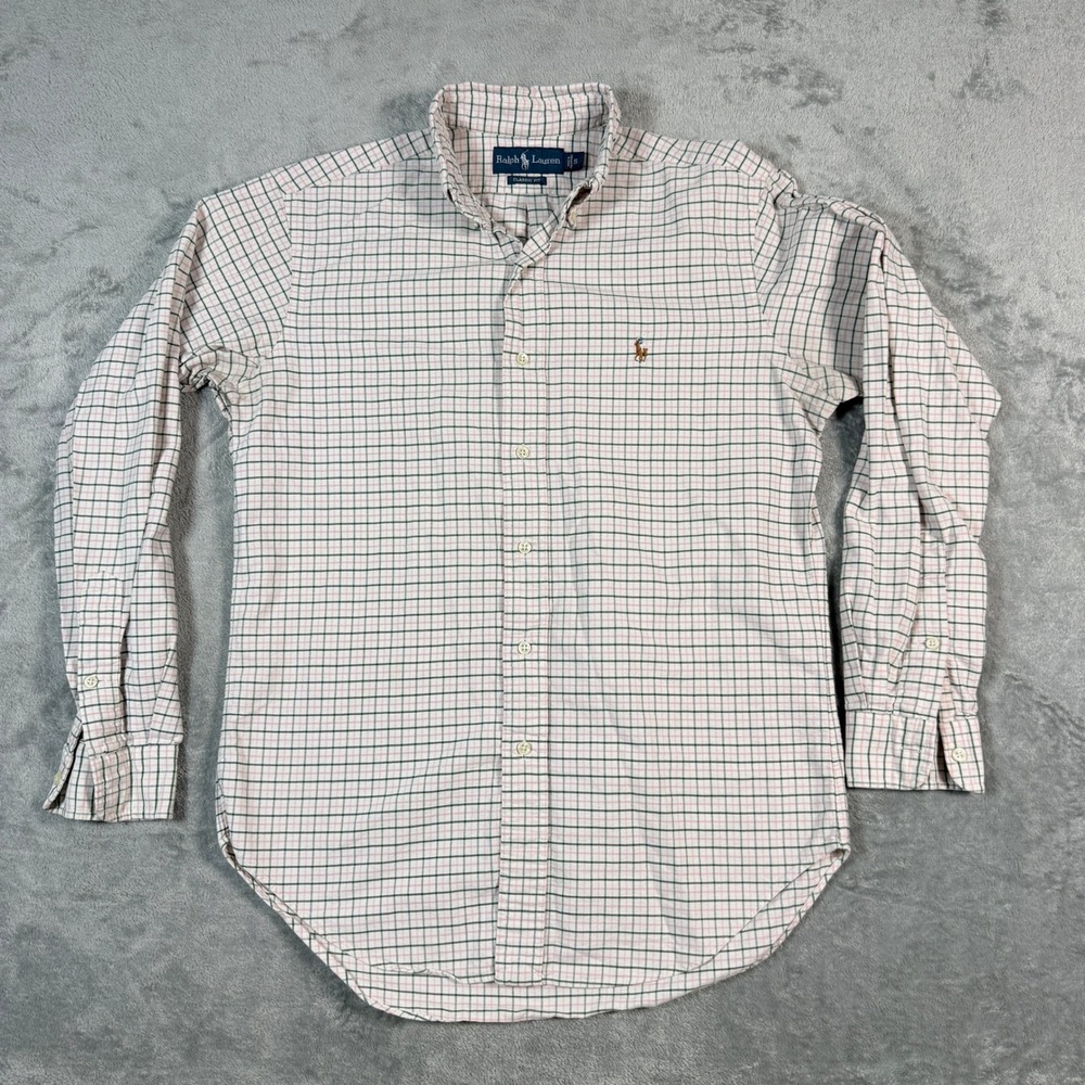 Ralph Lauren Men Sm Button Down Shirt Pink Green Plaid Classic Fit Flesh Pony